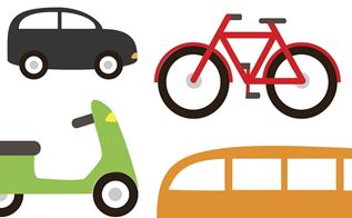 Collage af illustrationer med bil, cykel, scooter og bus